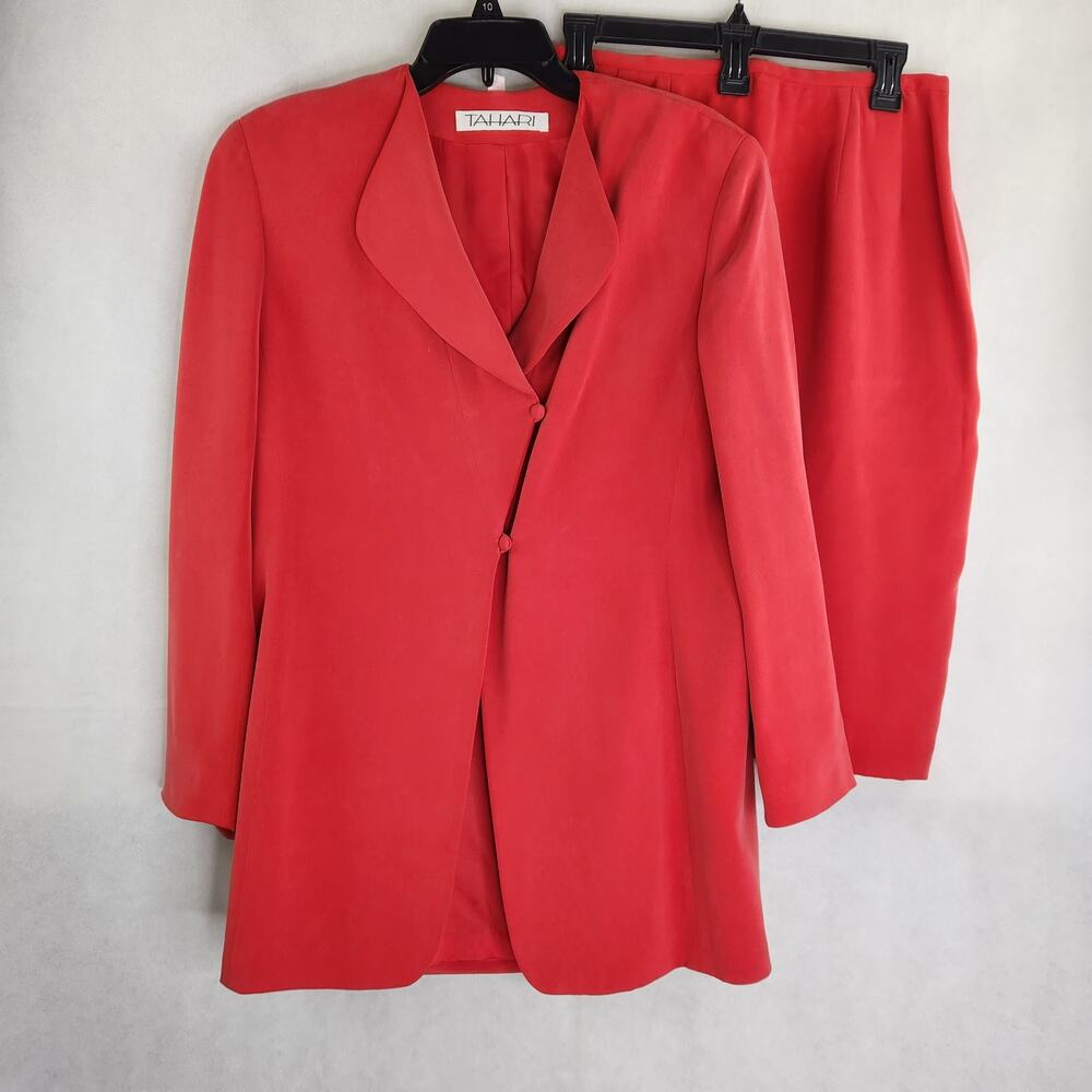 Tahari Classics Red Skirt Suit Blazer Silk Size 10 Lined